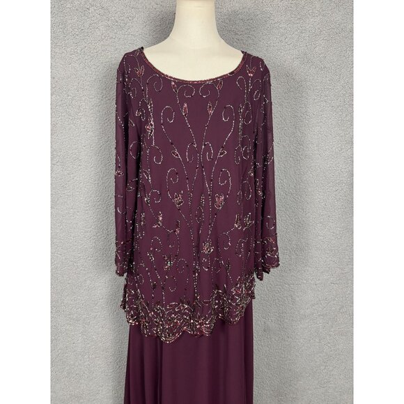 Jkara Plus Size Plum Beaded Evening Gown 3/4 Sleeves Scoop Neckline 24W NWT's - Picture 2 of 8